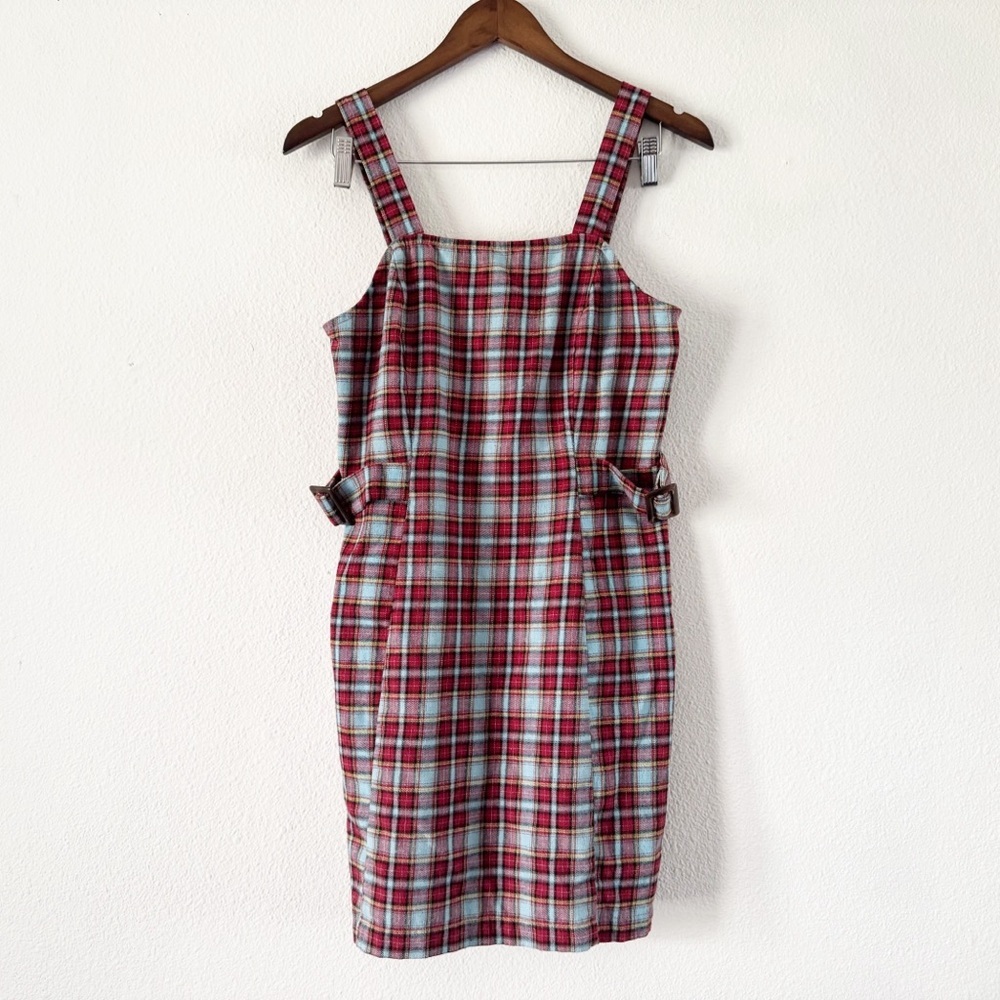 Y2K Preppy Plaid Mini Jumper Dress Tartan Square Neck Buckle Large Grunge - Picture 2 of 13